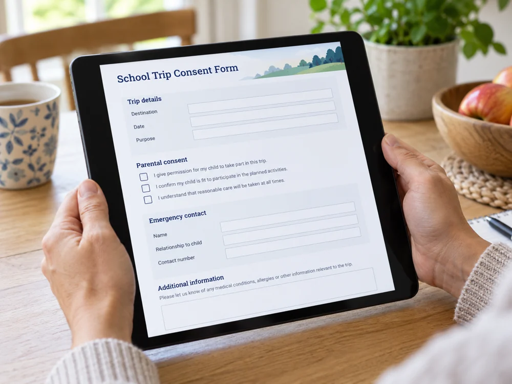 Illustration of a parent completing a school form on a tablet