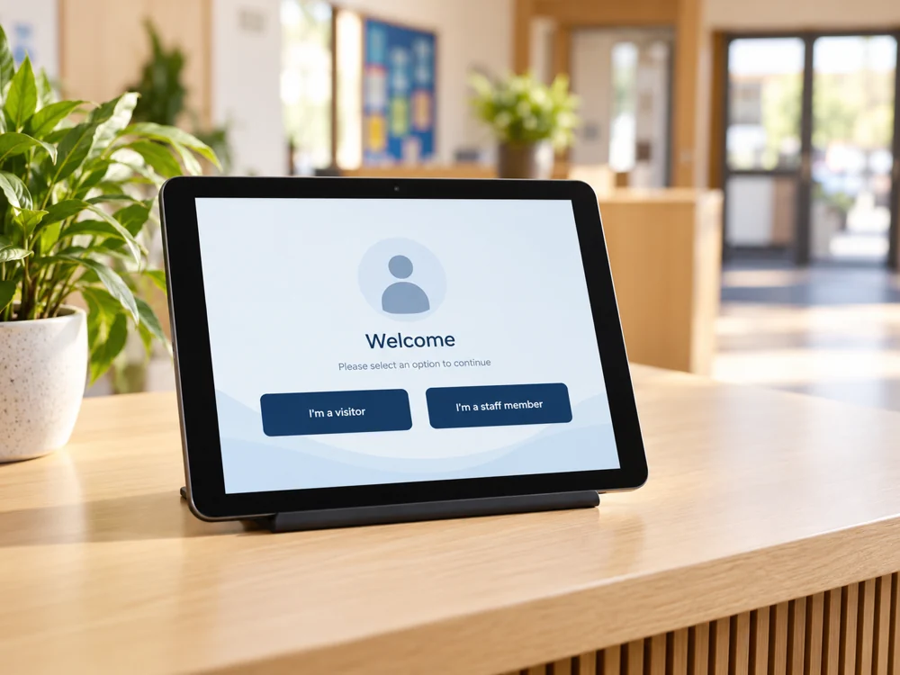 Illustrative visitor check-in tablet on a reception desk; not a product screenshot